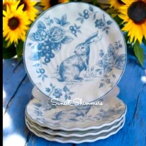 4pc Maxcera Blue Toile Easter Bunny Rabbit Scalloped Cabbage Rose Salad Plates